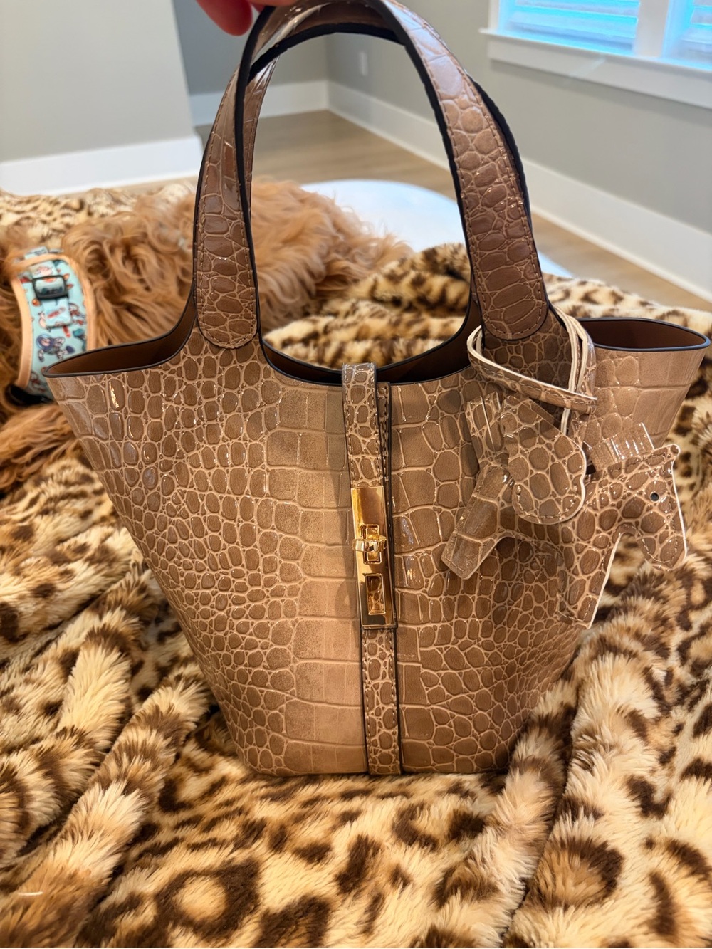 SKIMS Taupe Croc-Embossed Bucket Tote with Gold Hardware